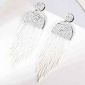 Long White 4.5" Modern Art Deco Oversized Earrings New Handmade Bohemian Tassel